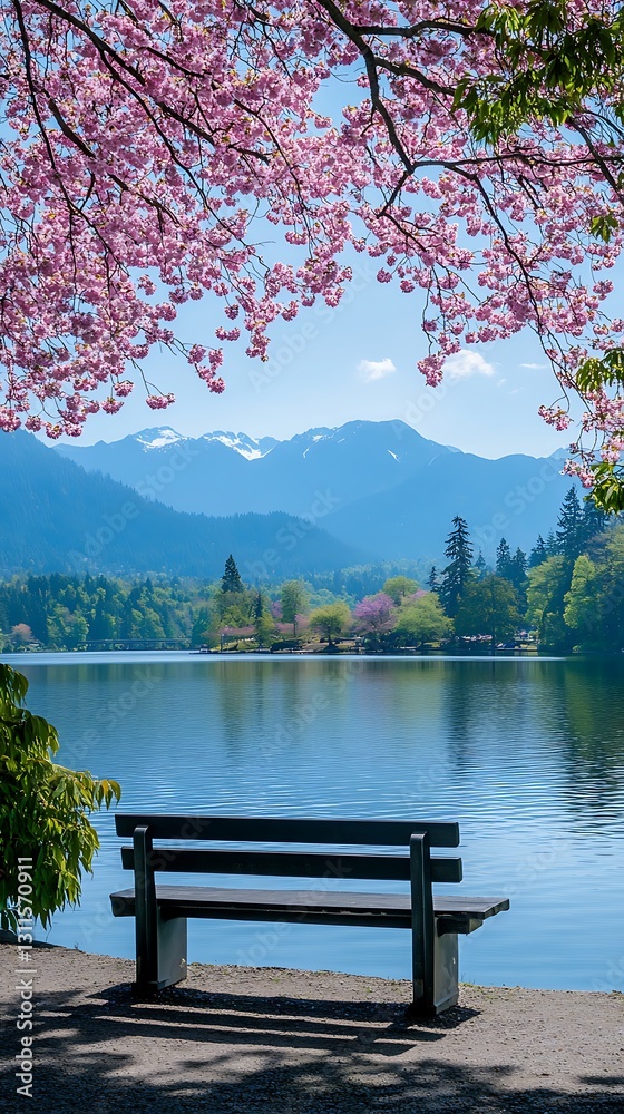 Fototapeta premium Serene lakeside bench beneath blossoming cherry tree.