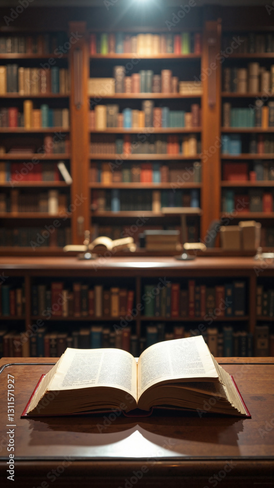An Inviting Stock Photo of an Open Book on a Polished Wooden Table Surrounded by Colorful Bookshelves, Perfect for Educational Marketing and Literary Blogs An Inviting Stock Photo of an Open Book on a Polished Wooden Table Surrounded by Colorful Bookshelves, Perfect for Educational Marketing and Literary Blogs