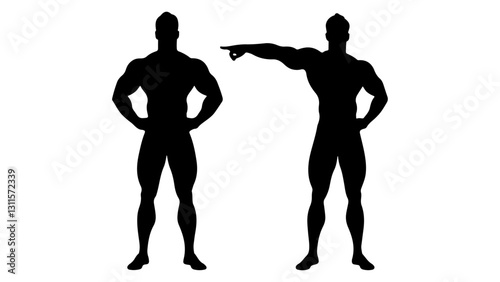 silhouette of a two body builders one standing and posing and another pointing