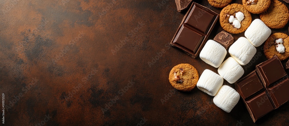 S'mores ingredients featuring marshmallows chocolate and cookies arranged on a textured brown background with ample copy space on the left.