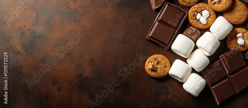 Obraz na płótnie S'mores ingredients featuring marshmallows chocolate and cookies arranged on a textured brown background with ample copy space on the left. w salonie