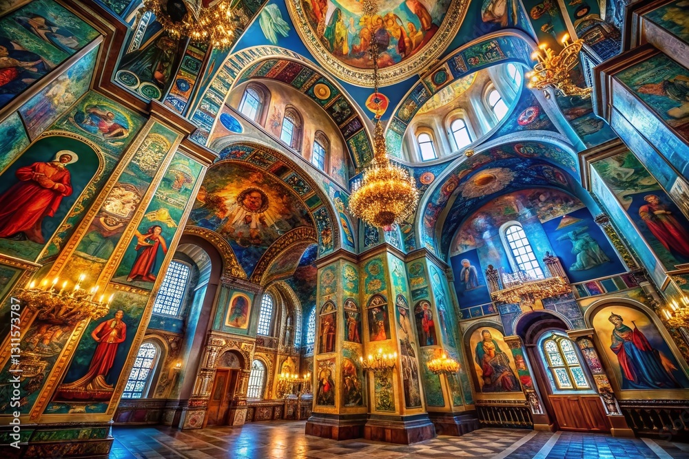 Fototapeta premium Stunning Interior of a Russian Orthodox Church, Vibrant Mosaics and Architectural Details