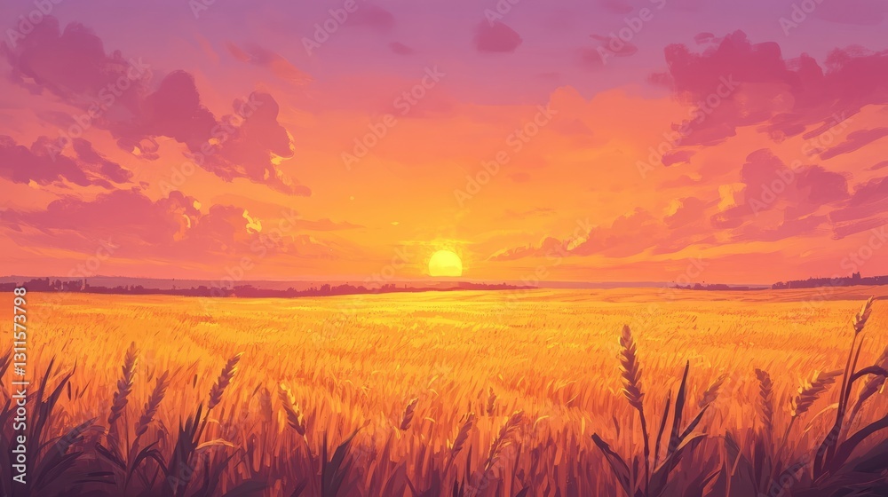 Obraz premium Serene Sunset Over Golden Wheat Field with Colorful Sky and Gentle Clouds