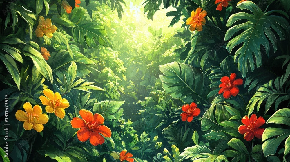 Naklejka premium A lush tropical forest scene bursts with vivid greens and yellows, centered by an eye-catching orange flower with a red heart and gracefully curved petals