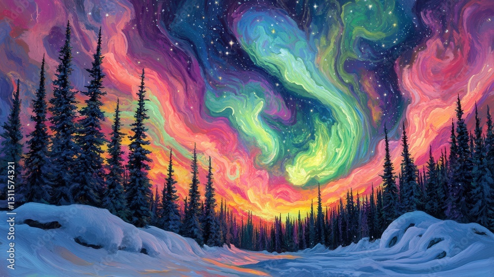 Obraz premium A captivating oil painting of a snowy landscape, bursting with vibrant hues—lustrous blues, lush greens, warm yellows, radiant oranges, and rich reds, intricately detailed for an immersive experience