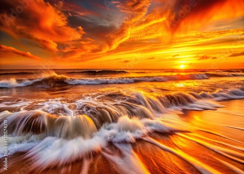 Stunning Long Exposure Photo of Orange Ocean Waves Crashing on Shore at Sunset