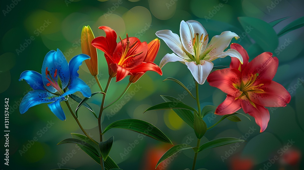morning after rain, in the valley, five big different colored flowers bloom on the same stem of a lily