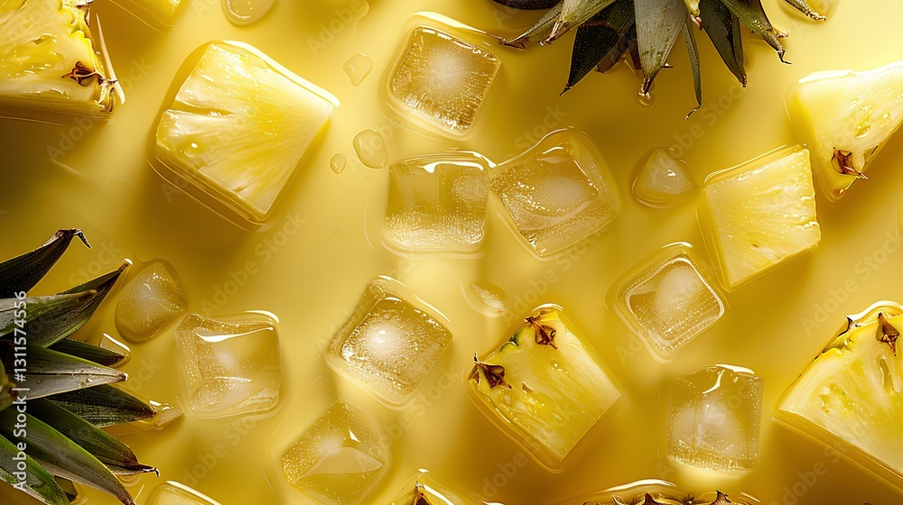 pineapple slices, ice cubes, Lots of little drops of water, background minimal and yellow