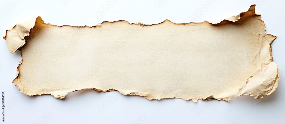 Fototapeta premium Vintage torn paper texture on white backdrop with irregular edges at the top and bottom, creating an artistic frame for text or design.