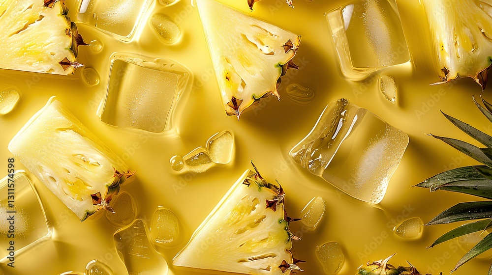 pineapple slices, ice cubes, Lots of little drops of water, background minimal and yellow