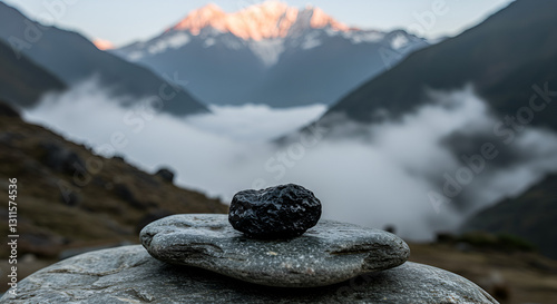 A serene nature scene with Shilajit resin resting on a flat stone, surrounded by Himalayan mountains and misty air to represent its origin and purity: Shilajit, pure, rock, lake, stone, landscape, sno