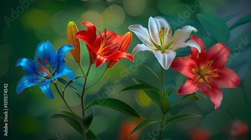 Obraz na płótnie morning after rain, in the valley, five big different colored flowers bloom on the same stem of a lily w salonie