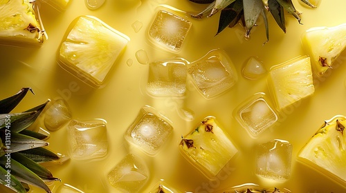 Obraz na płótnie pineapple slices, ice cubes, Lots of little drops of water, background minimal and yellow w salonie