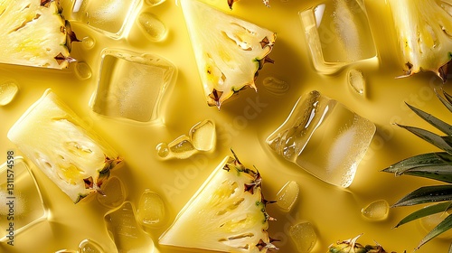 Obraz na płótnie pineapple slices, ice cubes, Lots of little drops of water, background minimal and yellow w salonie