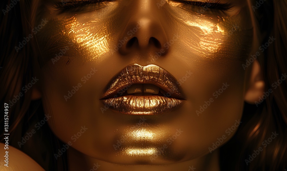 woman, gold, sensual, gorgeous woman with gold lips, mysterious and dramatic lighting, front view