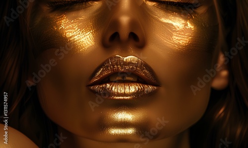 Obraz na płótnie woman, gold, sensual, gorgeous woman with gold lips, mysterious and dramatic lighting, front view w salonie