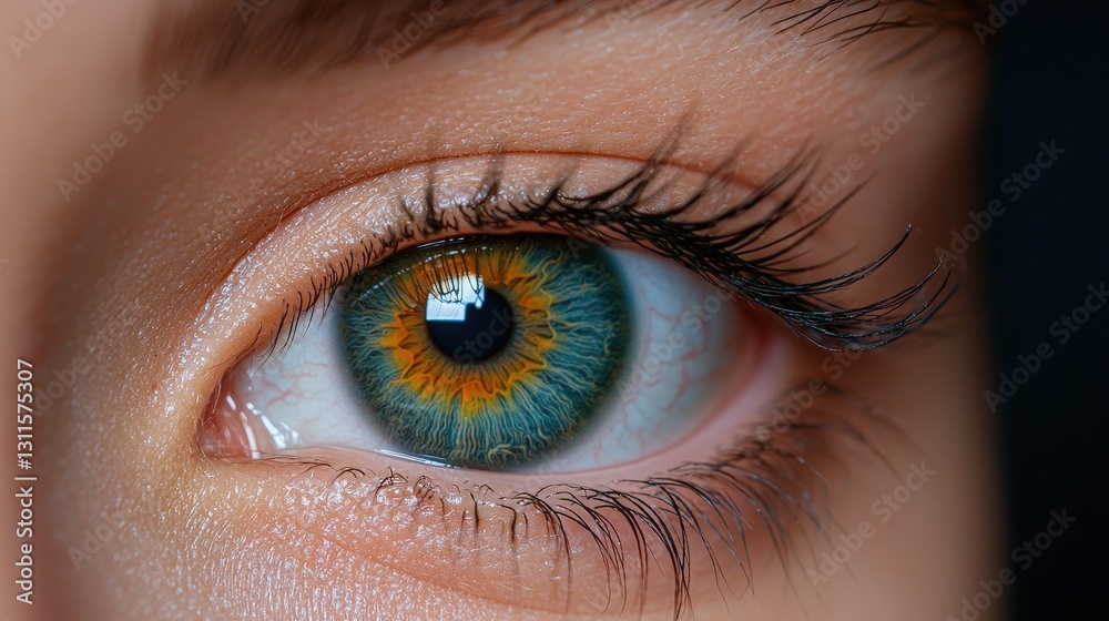 Close-up of a human eye with green and blue iris, long eyelashes, and visible details. Close-up of a human eye with green and blue iris, long eyelashes, and visible details.