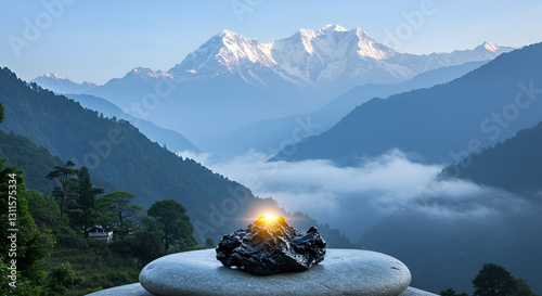 A serene nature scene with Shilajit resin resting on a flat stone, surrounded by Himalayan mountains and misty air to represent its origin and purity: Shilajit, pure, rock, lake, stone, landscape, sno