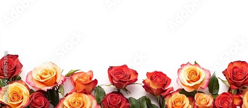 Fototapeta Naklejka Na Ścianę i Meble -  Colorful orange and red roses create a vibrant border along the bottom edge of a clean white background, ideal for web banners and promotions.