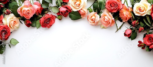 Fototapeta Naklejka Na Ścianę i Meble -  Vibrant orange and red roses frame a clean white background creating an elegant border for design projects with ample copyspace for text.