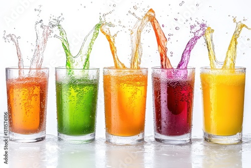 Wallpaper Mural Fresh fruit juices splash in colorful glasses on a bright background showcasing vibrant flavors and refreshing ingredients Torontodigital.ca