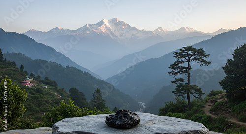 A serene nature scene with Shilajit resin resting on a flat stone, surrounded by Himalayan mountains and misty air to represent its origin and purity: Shilajit, pure, rock, lake, stone, landscape, sno