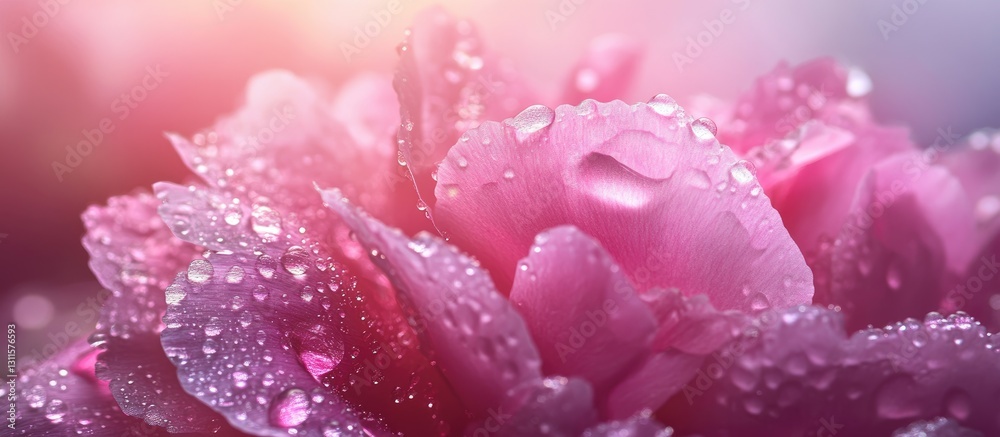Close-up view of vibrant pink peony petals adorned with sparkling dew droplets illuminated by soft sunlight in a dreamy, blurred background. Close-up view of vibrant pink peony petals adorned with sparkling dew droplets illuminated by soft sunlight in a dreamy, blurred background.