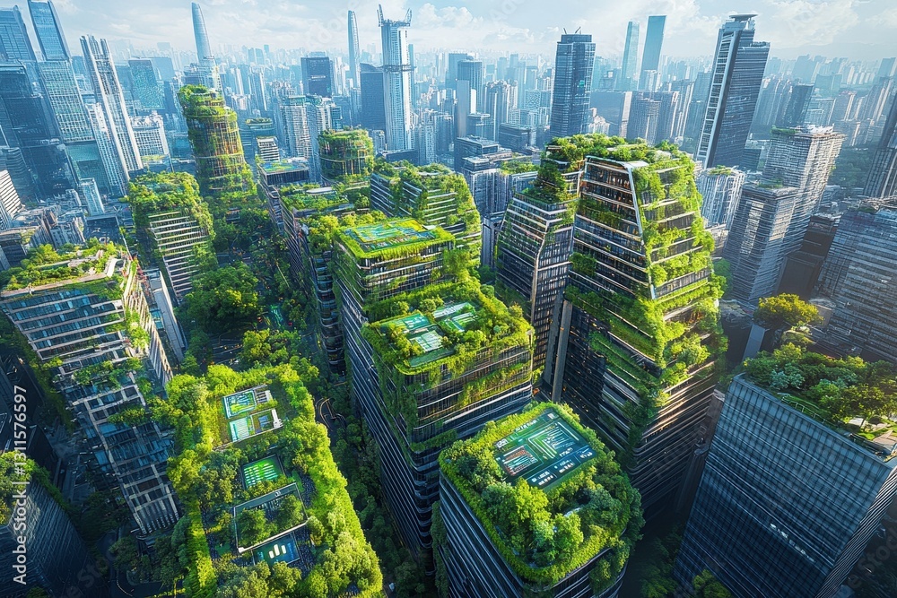 Fototapeta premium A bird's eye view of a modern city powered by innovation, technology, and sustainable energy solutions.