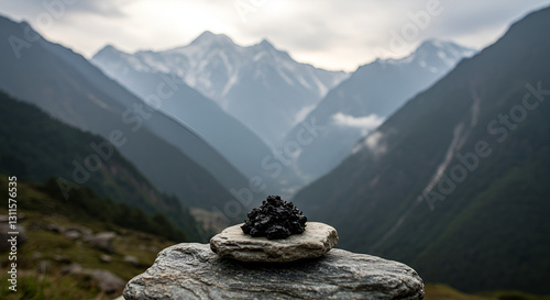 A serene nature scene with Shilajit resin resting on a flat stone, surrounded by Himalayan mountains and misty air to represent its origin and purity: Shilajit, pure, rock, lake, stone, landscape, sno