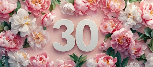 30th Birthday greeting card design featuring large white number 30 centered amidst pink and white peony flowers on a soft pink background