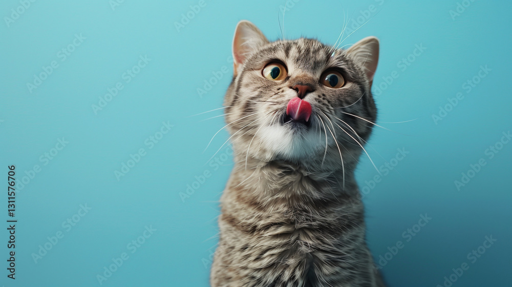 Obraz premium Scottish Fold cat with tongue out hungry expression eyes on isolated blue background with copy space