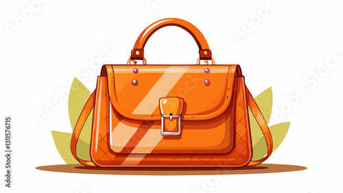Orange leather handbag purse standing on white background