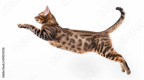 Side view of a Bengal cat jumping down, isolated on white