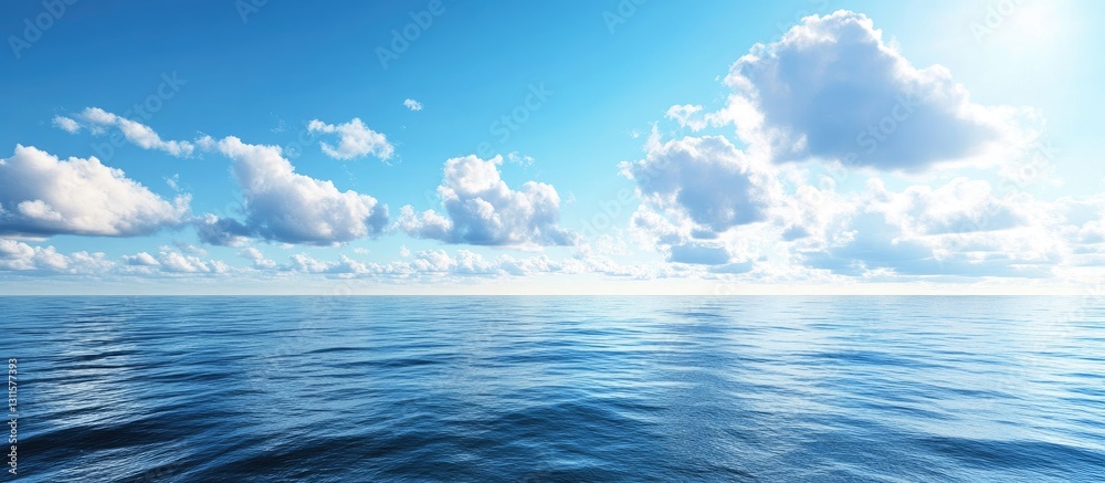 Obraz premium Serene ocean view under a bright blue sky with fluffy white clouds reflecting on smooth water surface, capturing summer tranquility and beauty.