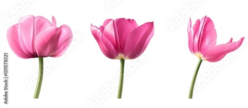 Wallpaper Mural Three pink tulips displaying different blooming stages against a clean white background, highlighting delicate petals and graceful stems. Torontodigital.ca