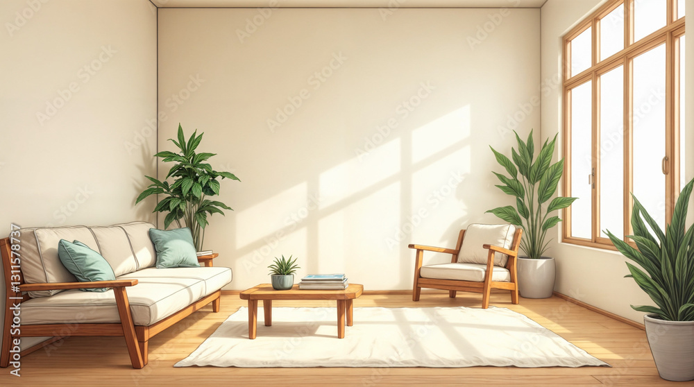 Fototapeta premium A living room with a white wall and a white couch