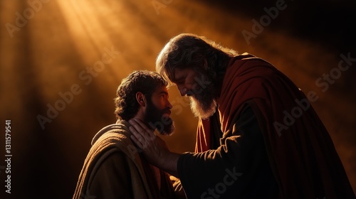 Old man prophet of Israel blessing his son face to face, Isaac and Jacob scene, biblical scene, cinematic photo