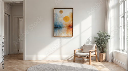 A white room with a chair and a potted plant