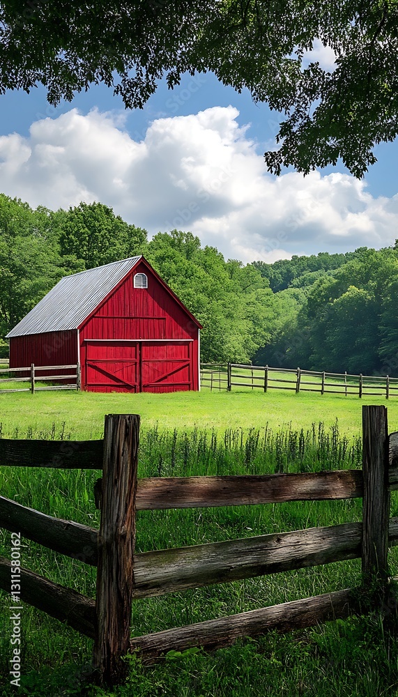 Red Barn in Green Meadow Under Trees Red Barn in Green Meadow Under Trees
