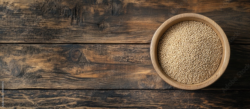 Organic amaranth seeds in a wooden bowl on rustic table earthy tones natural texture top view ample copyspace for design elements Organic amaranth seeds in a wooden bowl on rustic table earthy tones natural texture top view ample copyspace for design elements