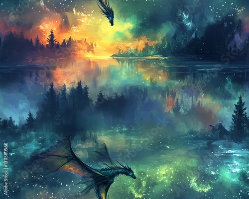 Fantasy landscape with two majestic dragons soaring over a mystical lake reflecting a vibrant, starry sky.  Perfect for fantasy art, game design, or magical themed projects.