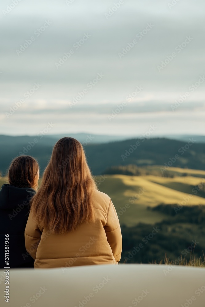 Fototapeta premium Two figures sit peacefully, gazing at expansive hills under sere