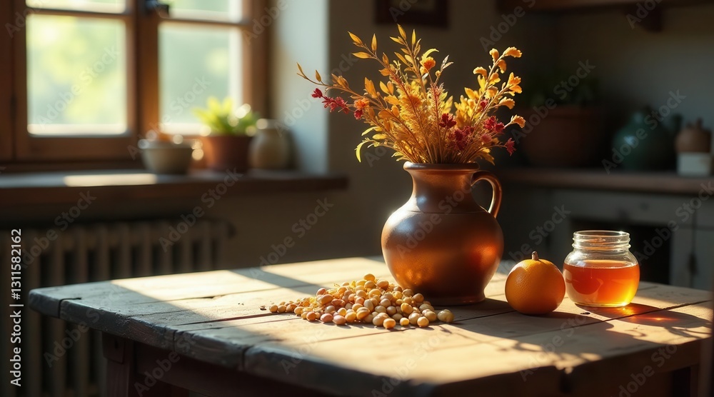 Rustic Table Setting with Dried Flowers, Honey, and Citrus Fruit in Warm Sunlight Rustic Table Setting with Dried Flowers, Honey, and Citrus Fruit in Warm Sunlight