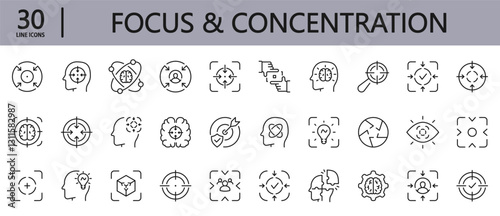 Focus Concentration line icons set with Brain, Focus, Strategy, Mind, Goal, Target, Vision and more. Editable Stroke
