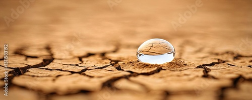 Climate change drought idea. A crystal clear droplet resting on cracked dry earth, symbolizing drought and resilience.