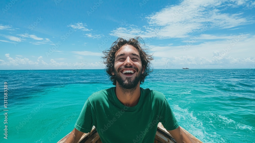 Fototapeta premium Joyful man standing at the bow of a boat enjoying the ocean view