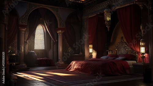 Luxury palace bedroom with golden detailing and plush bedding