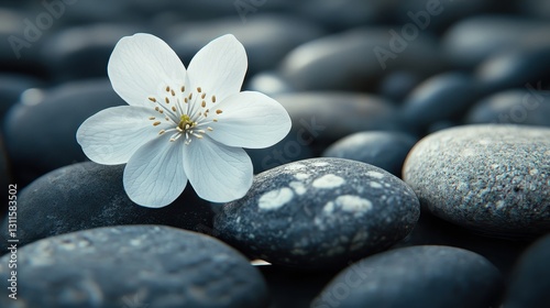 Delicate pink flower resting on a smooth black stone surrounded by vibrant petals in a serene water setting