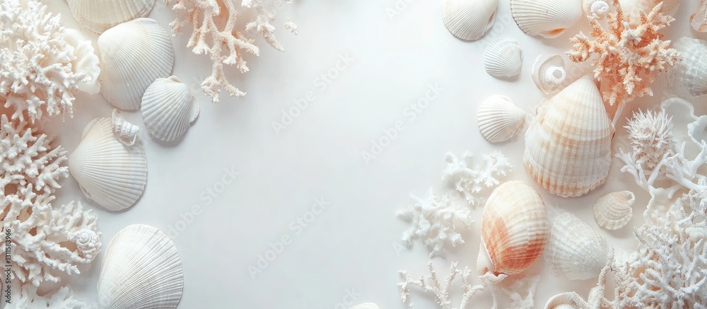 Chic arrangement of white seashells and corals on a neutral beige background top view minimal beach ambiance perfect for summer relaxation. Chic arrangement of white seashells and corals on a neutral beige background top view minimal beach ambiance perfect for summer relaxation.