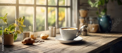 Wallpaper Mural Warm coffee cup on a rustic wooden table by a sunlit window with green plants, pastries, and cozy kitchen elements in a cheerful morning setting. Torontodigital.ca